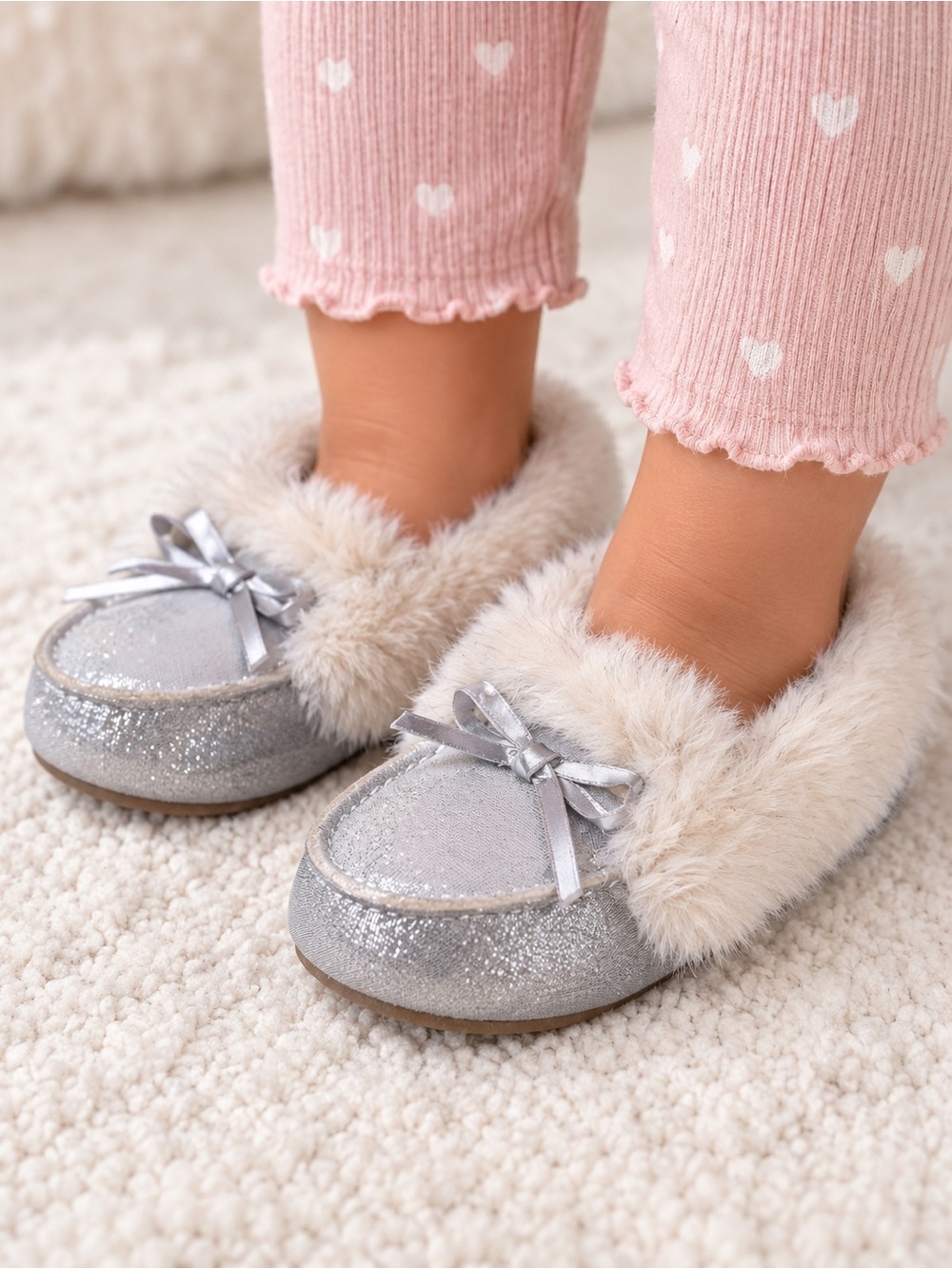 Cat & Jack Target Silver Metallic Slip On Faux Fur Mocassins Slippers Toddler 7